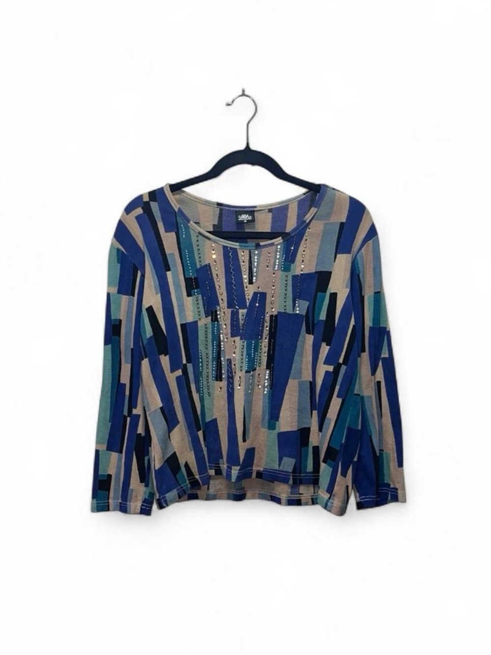 American Vintage Blue Teal and Tan Geometric Long-Sleeve Tee